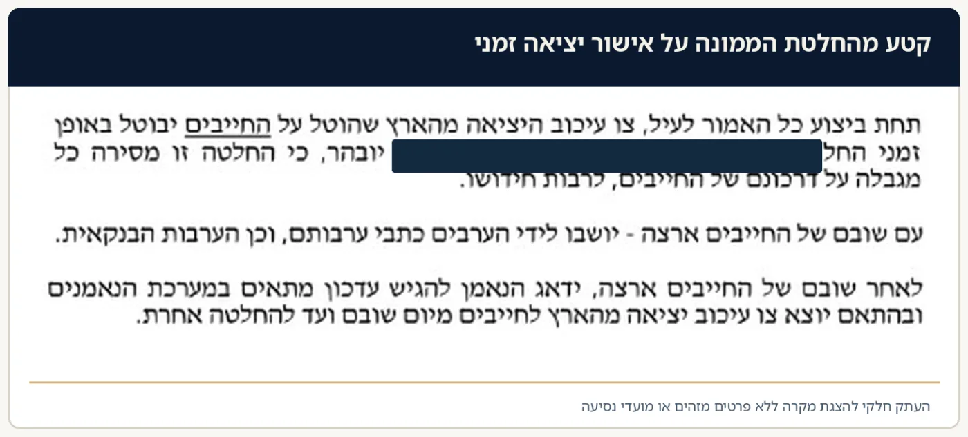 קטע מתוכן החלטת הממונה על הסרת הגבלת היציאה באופן זמני לאחר הפקדת ערבויות, עם השחרת פרטים ותאריכים
